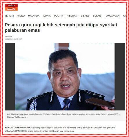 Pesara Guru Rugi Lebih Setengah juta Ditipu Syarikat Pelaburan Emas